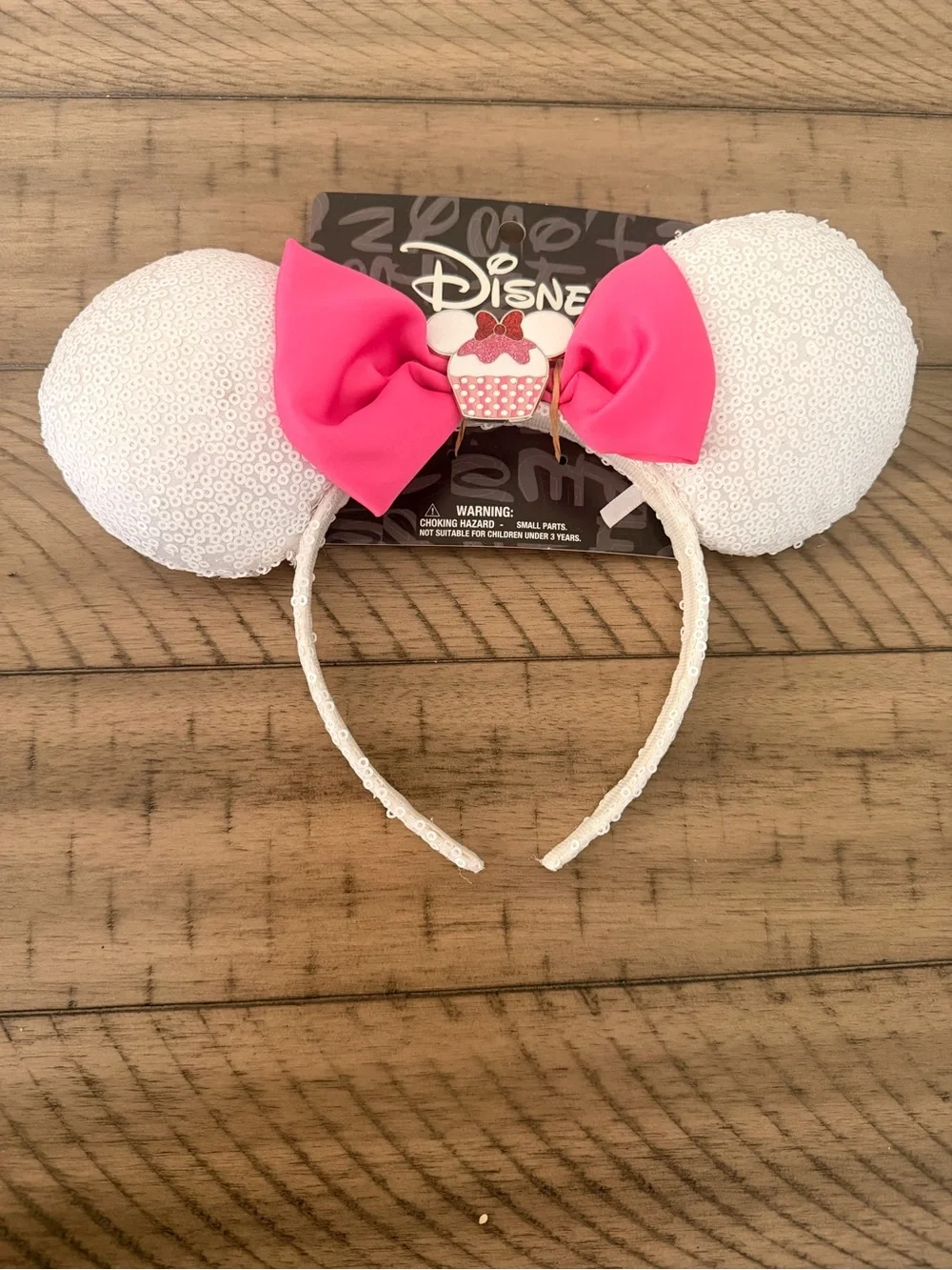 [Disney] NWT White & Pink Sequin Cupcake Mickey Minnie Ears
